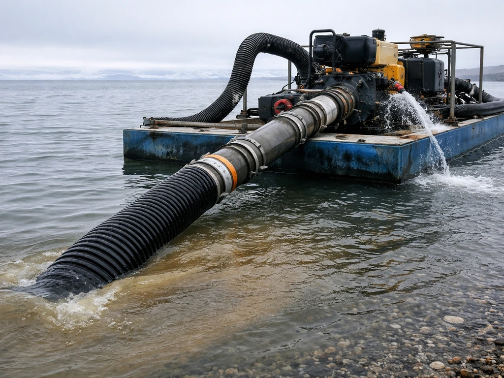 An Alaskan-style suction dredge working in shallow water, with intake hose and onboard suction system.