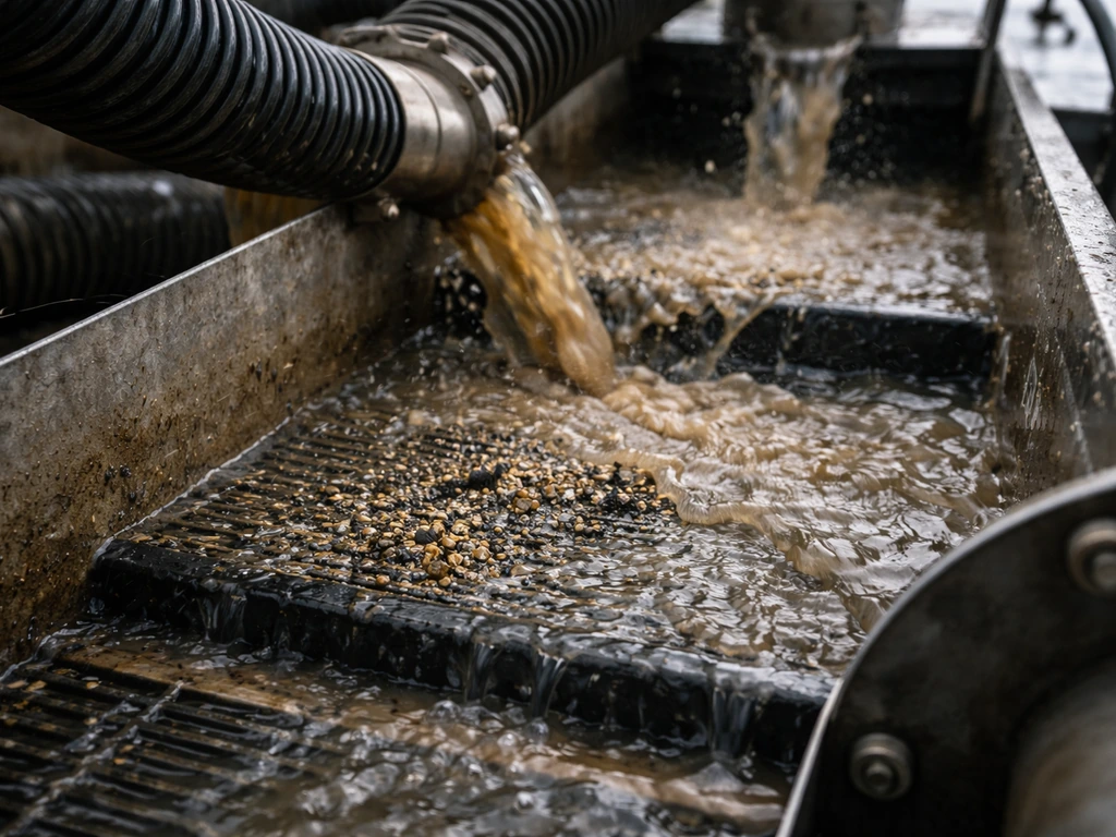 Close-up of a suction dredge’s wet sluice and hoses with muddy water and recovered gold sediment.