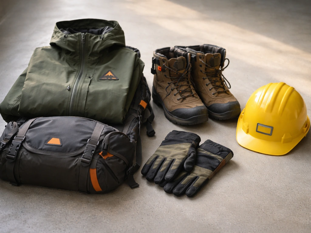 Outdoor gear and safety equipment laid out beside mining tools, suggesting sponsorships and brand partnerships