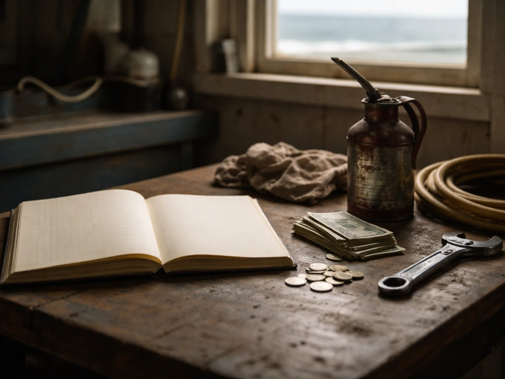 Minimal photo of a weathered ledger, cash, and marine maintenance gear on a wooden table symbolizing debt risk