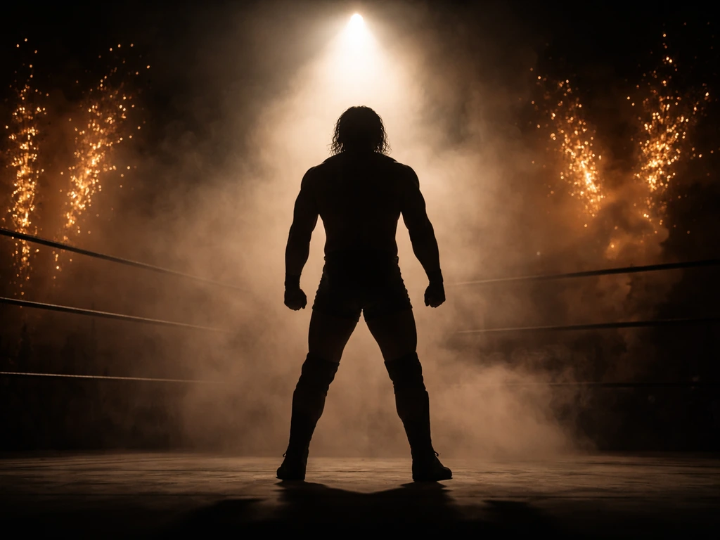 Silhouette of a warrior under a spotlight with smoky sparks in a dark arena background.