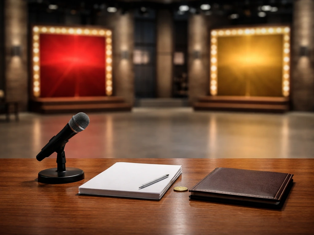 Empty TV pitch-studio desk with microphone, coins, and blurred twin stage panels suggesting different Dragons’ Den versi
