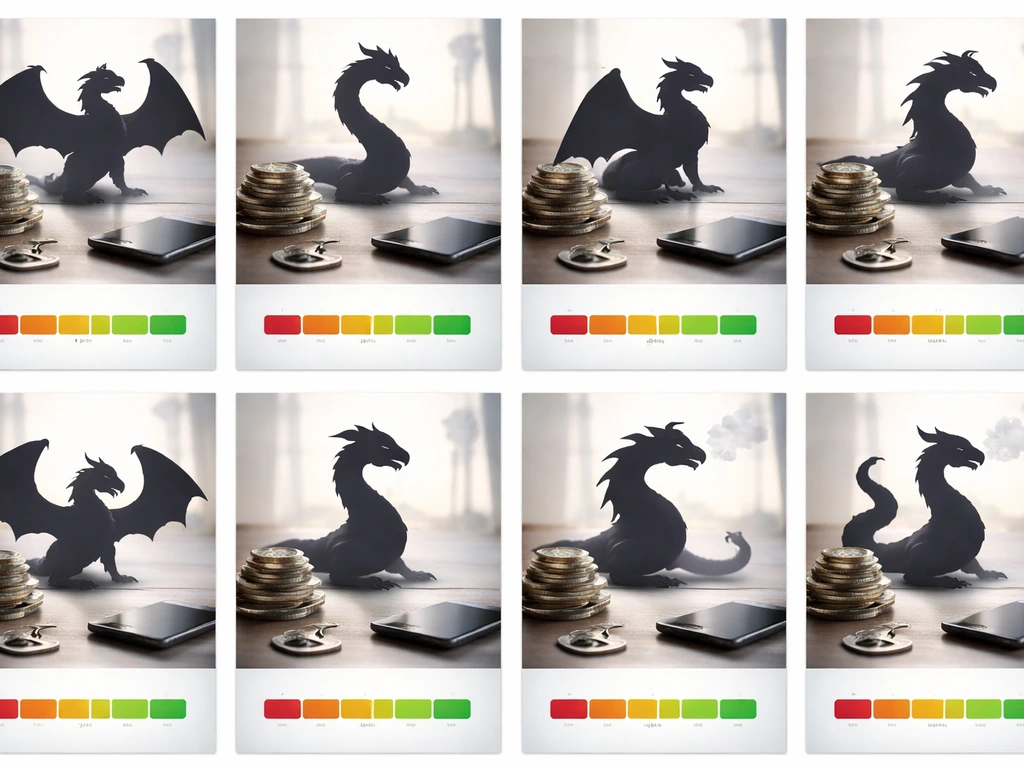 Minimal collage of UK TV-drama dragons as generic silhouettes, with money-themed objects and confidence bars.