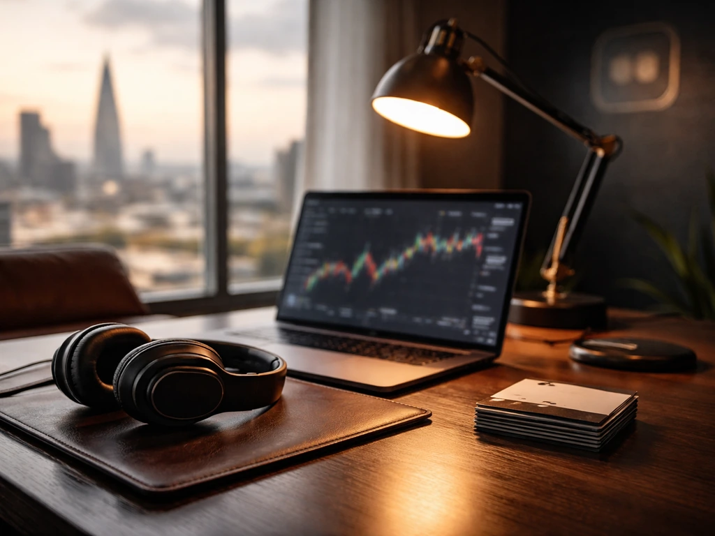 Anonymous investor workspace with laptop and London skyline, symbolizing tech-media wealth and market volatility