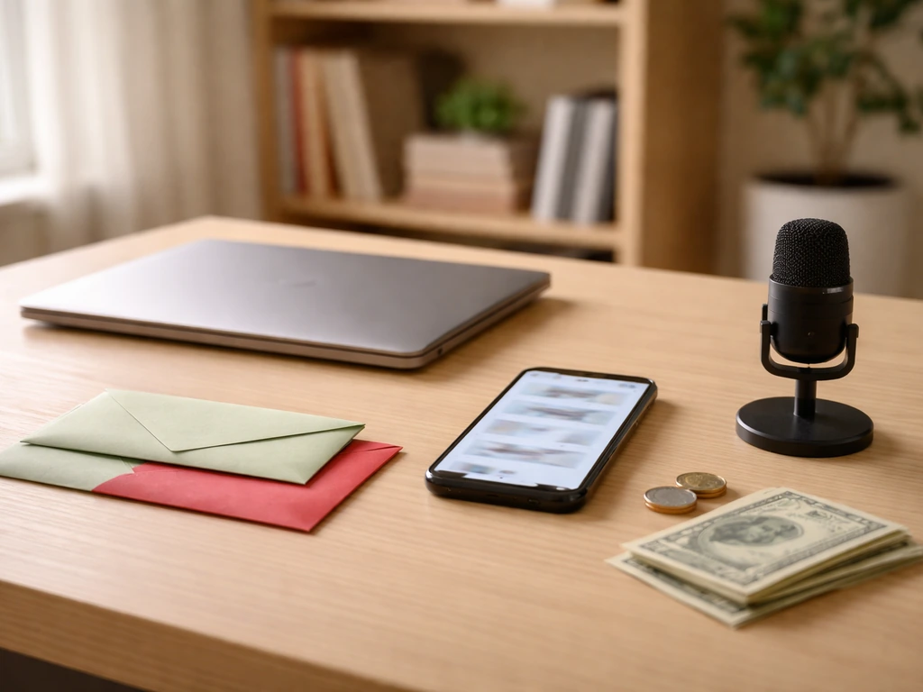 Minimal desk with coins, cash, phone, and microphone, suggesting media earnings analysis without any text.