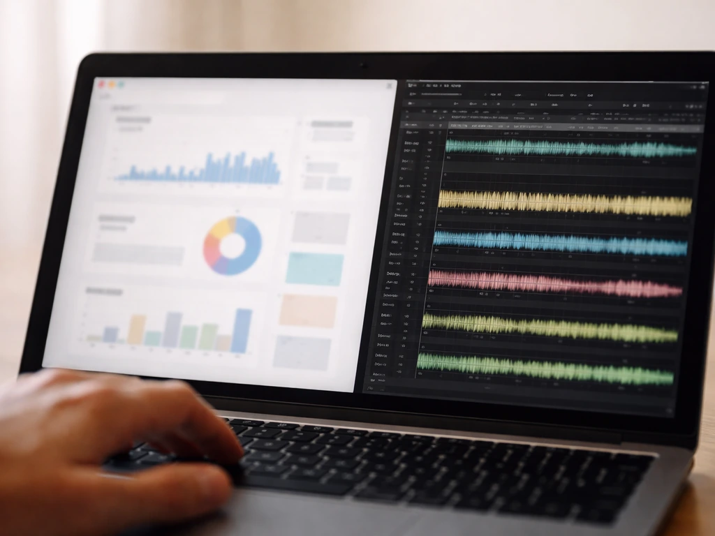 Minimal desk photo with a blurred YouTube analytics dashboard and audio timeline on a laptop screen.
