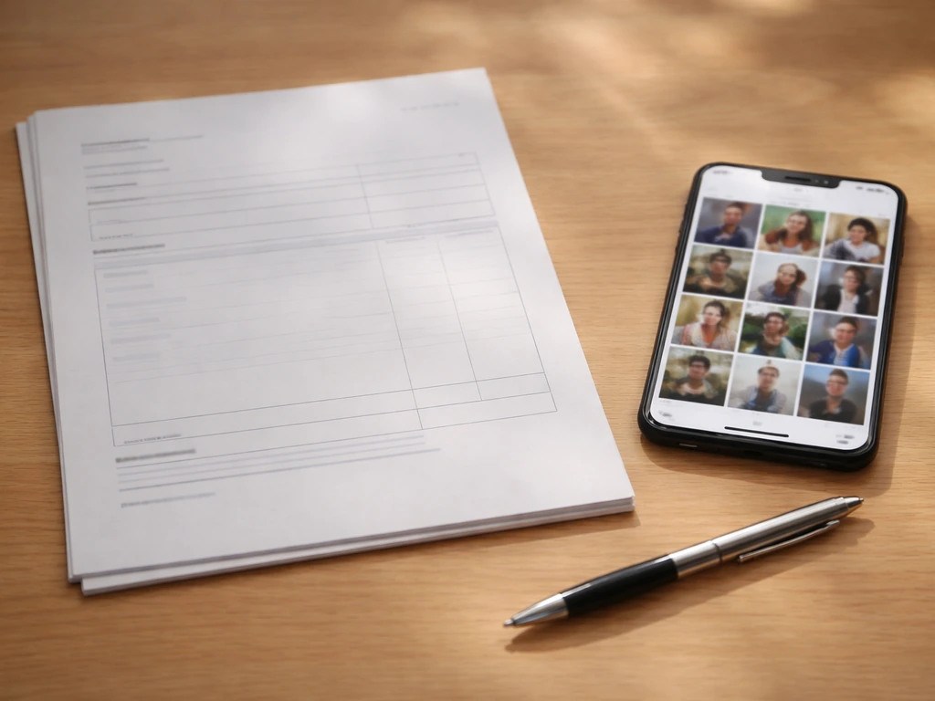 Minimal desk scene with an open contract-style document and a smartphone displaying an anonymous creator grid.