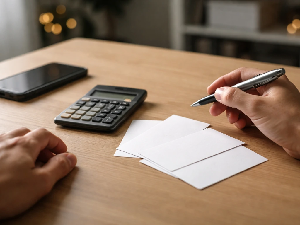Hands at a desk with a calculator and blank input cards symbolizing a net-worth estimate breakdown.