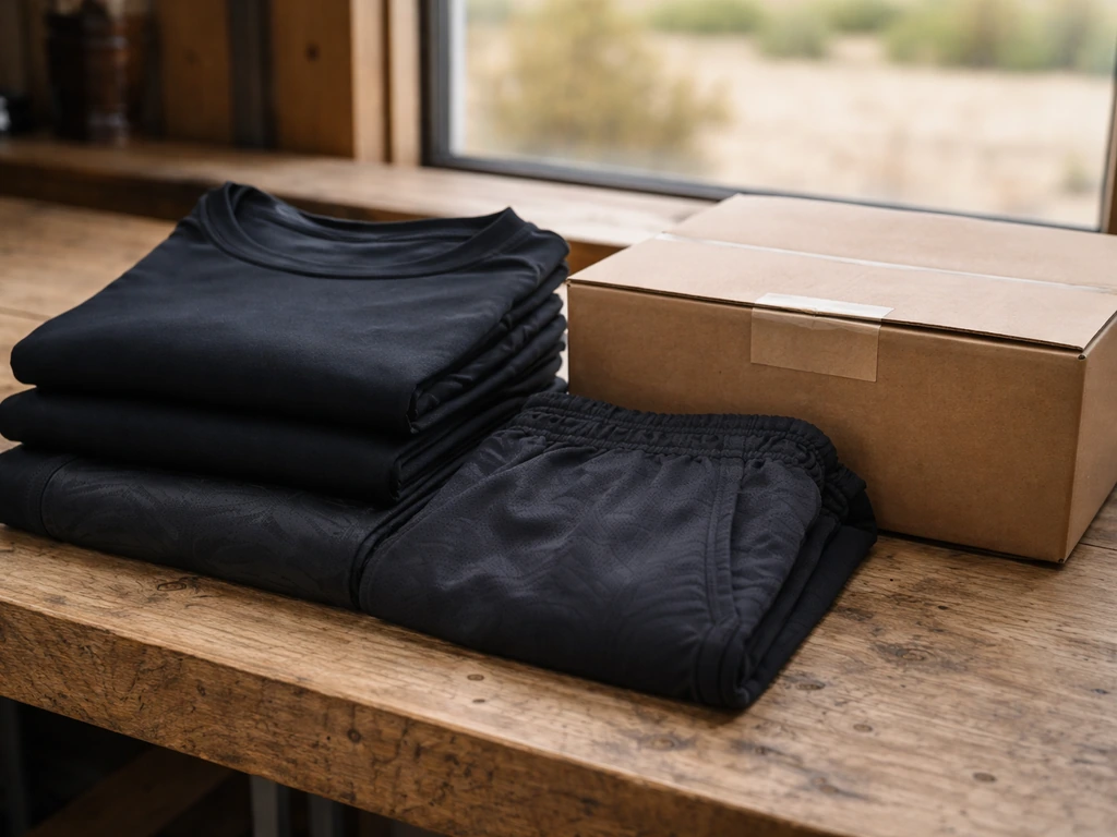 Close-up of folded gym apparel and a shipping box on a wooden bench in natural light.