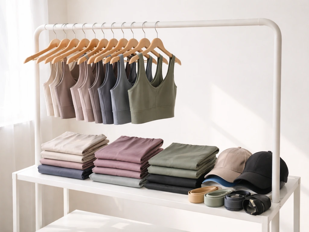 Minimal rack-style display of fitness apparel and accessories in a bright studio, suggesting a direct-to-consumer store