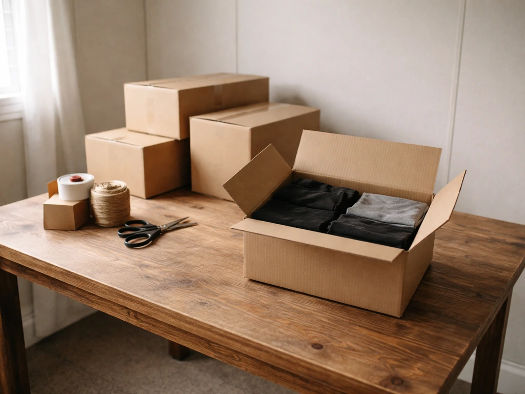 Minimal photo of a founder-era gymwear brand origin: shipping boxes and a packing tape roll on a small worktable.