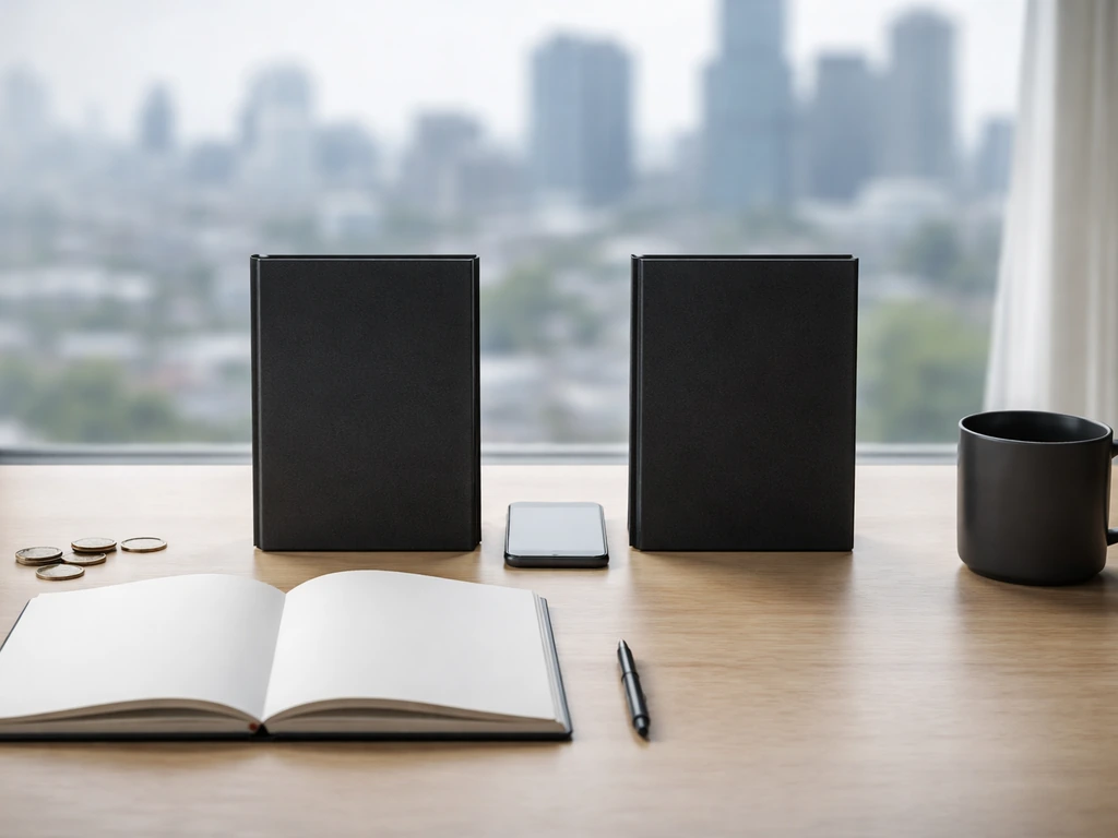 Minimal desk scene with notebook, folders, phone, and coins suggesting business income vs wealth comparison.