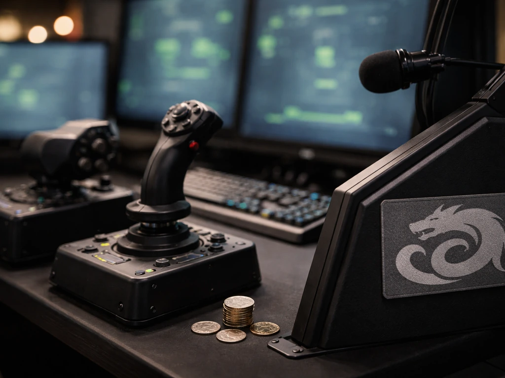 Realistic DCS flight-sim cockpit setup with subtle themed branding and a desktop money vibe