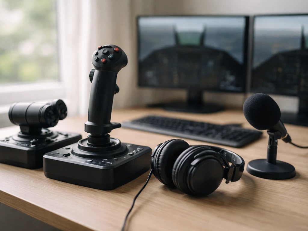 Minimal flight-sim desk with joystick, headphones, and microphone near a window in soft daylight.