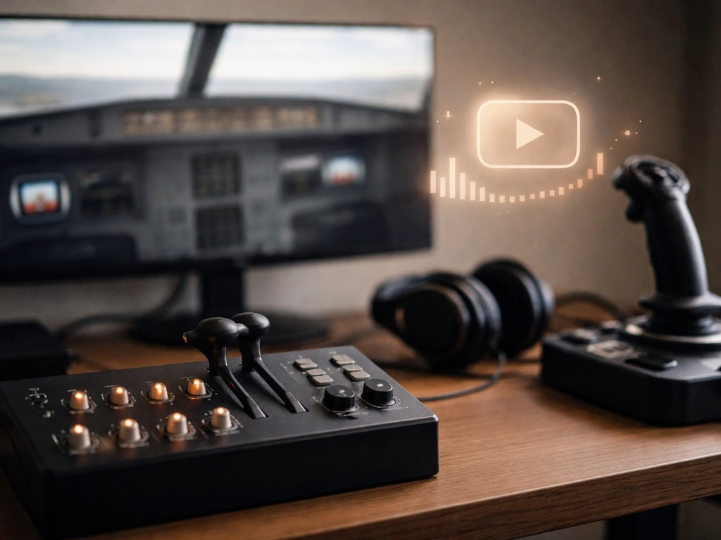 Flight-sim cockpit with a small glowing play-button icon hovering over the controls, suggesting ad revenue.