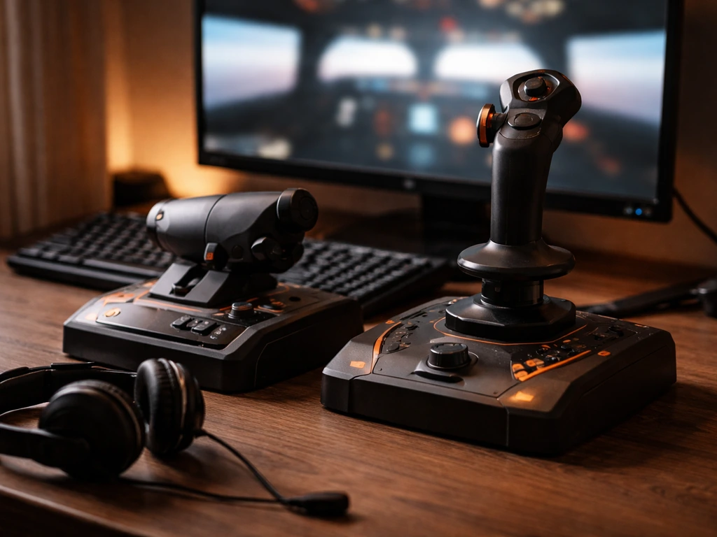 Close-up of generic flight-sim controls and monitor, suggesting sponsorship in a minimal setup.