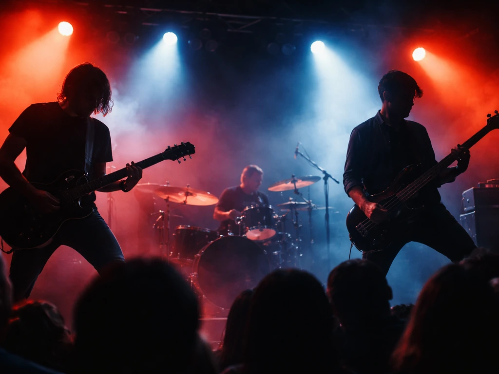 Low-angle concert scene with a rock band performing under bright stage lights and silhouetted crowd.