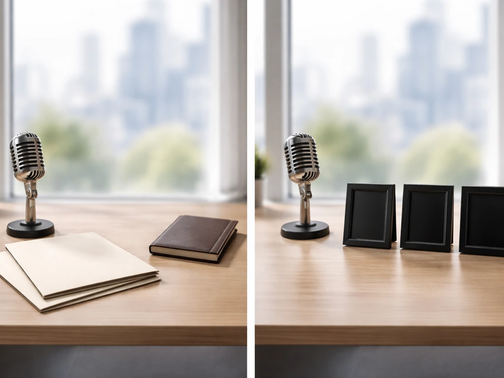Minimal split desk scene: studio microphone and record sleeves vs three blank frames, symbolizing band vs individual net