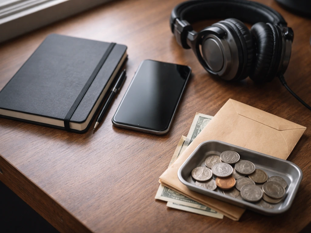 Studio desk with headphones and smartphone beside coins, symbolizing music revenue streams without text.