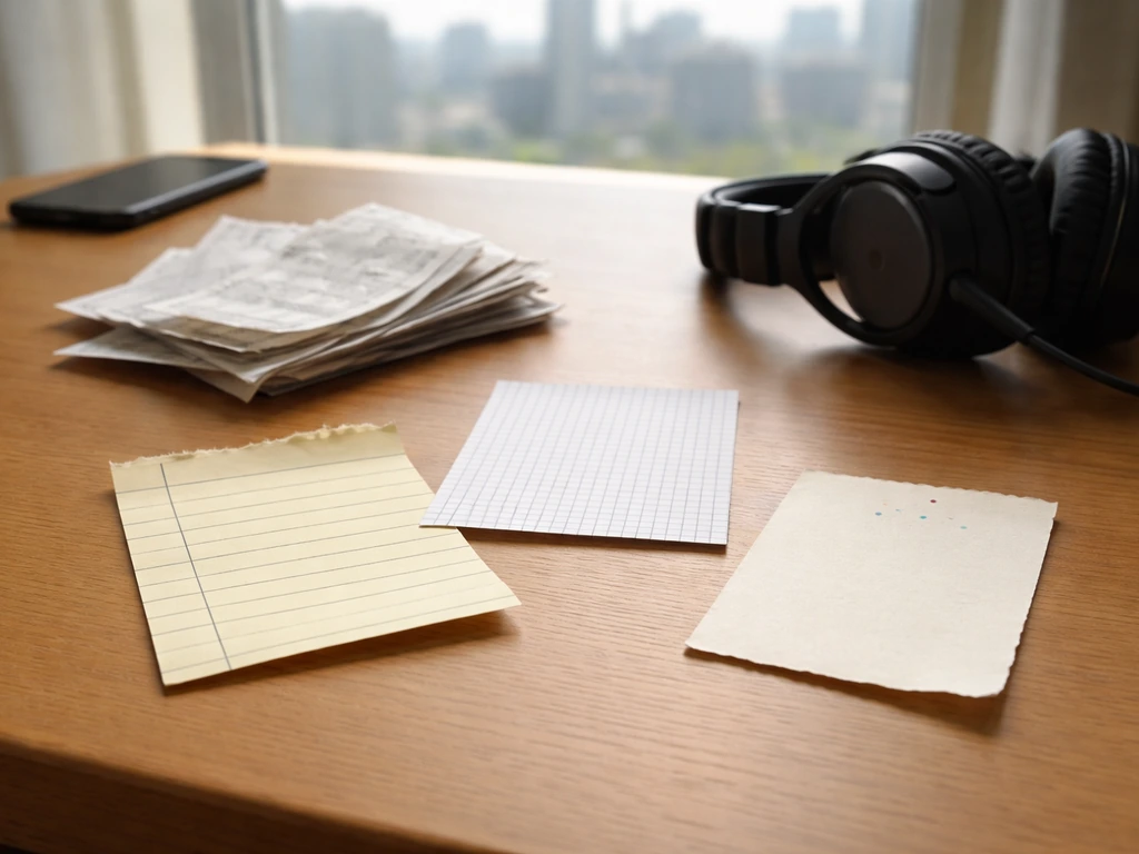 Three different pieces of paper, receipts, and media gear on a desk, suggesting conflicting estimate methods.