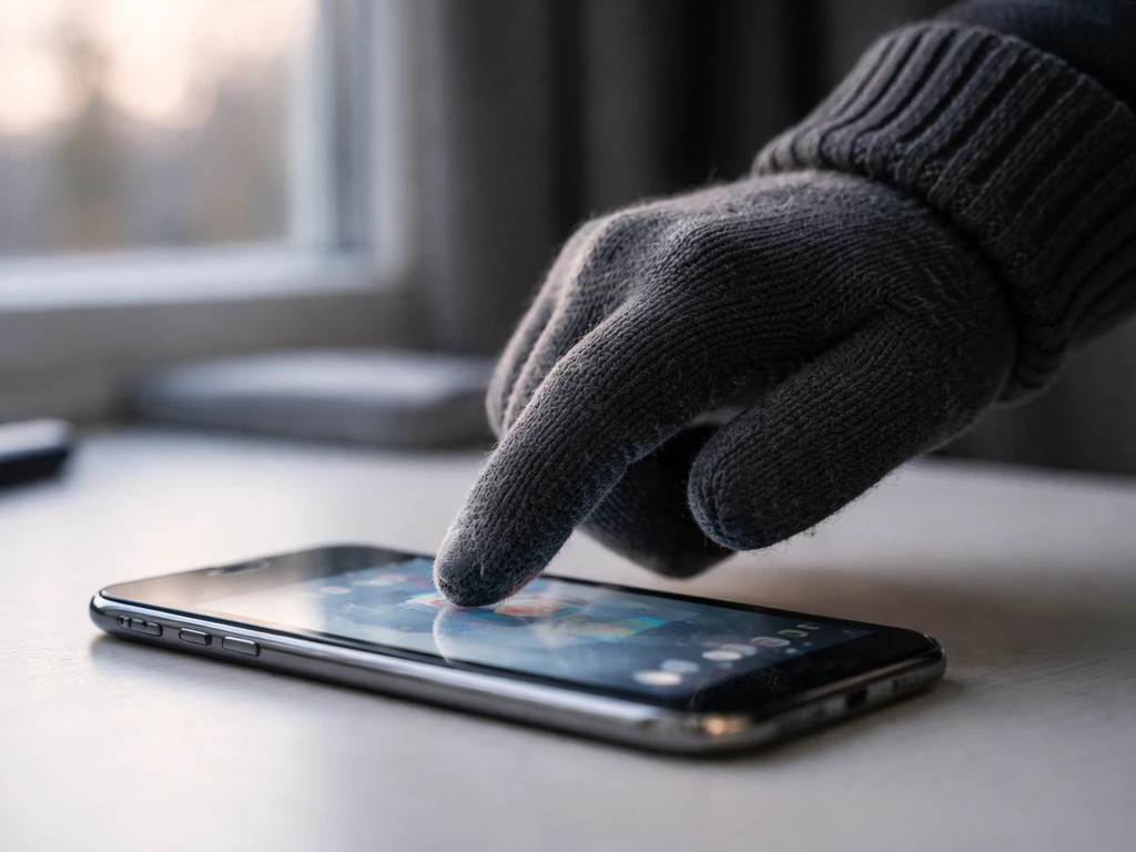 Winter touchscreen glove tapping a smartphone on a desk in soft natural light.