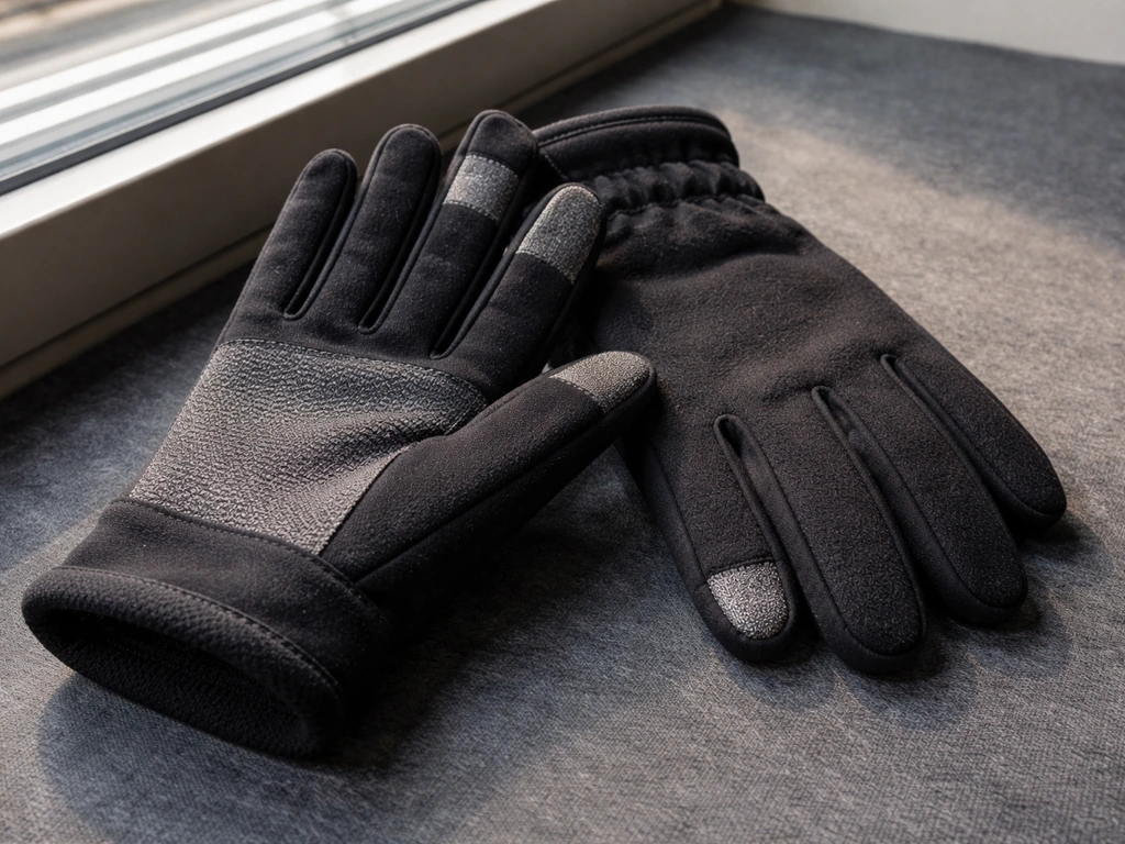 Close-up of touchscreen winter gloves on dark felt, showing subtle metallic silver-woven conductive threads.