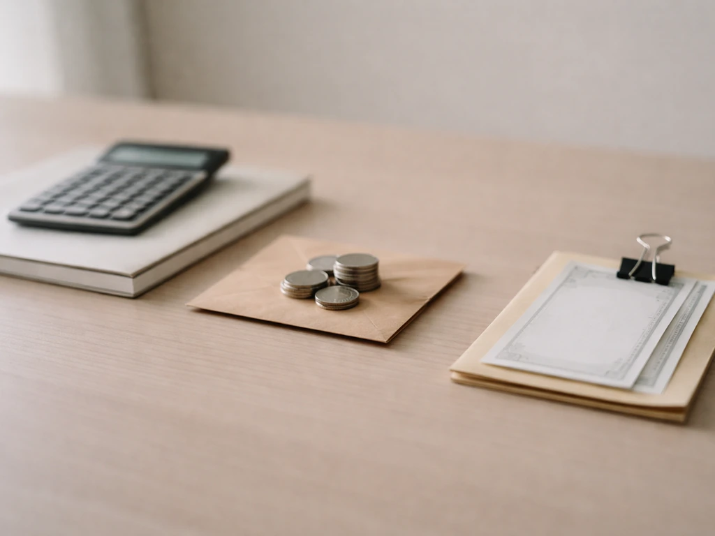 Minimal desk scene with calculator, coins, and blank papers suggesting different private-company net worth methods.
