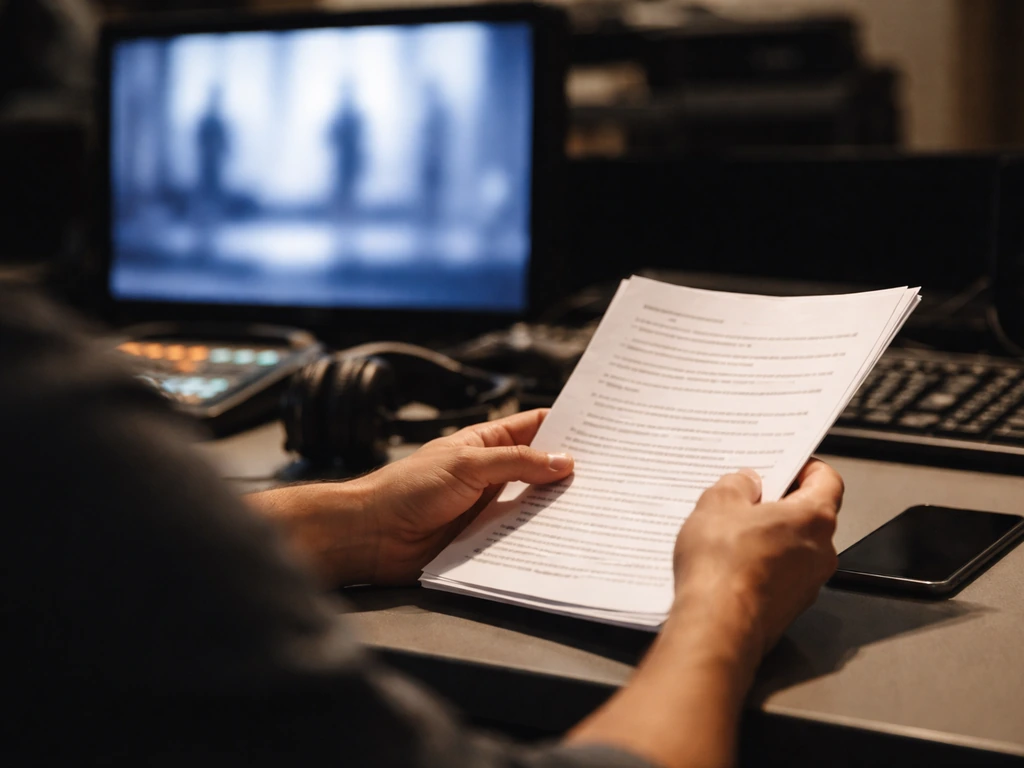 Hands holding business documents in a studio desk setting with an out-of-focus TV monitor hinting a pitch.