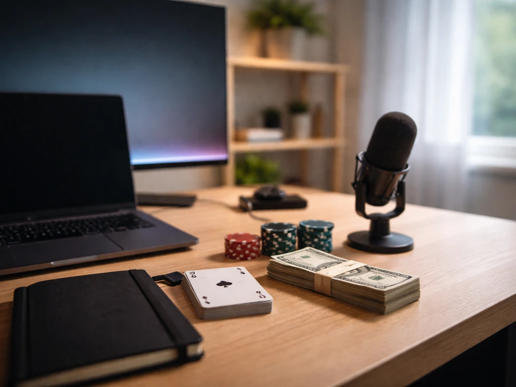 Cinematic shot of a modern Danish gaming streamer desk with a laptop, cards, and cash-like props in soft light