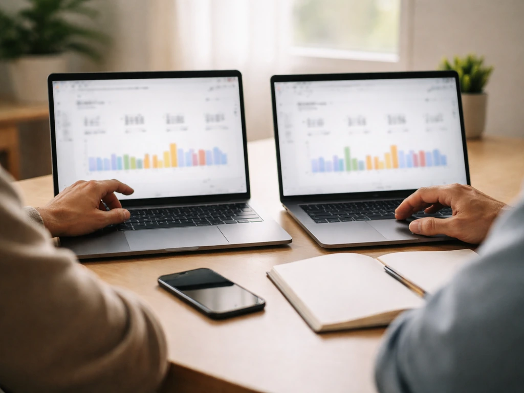 Hands comparing multiple analytics dashboards on a laptop for creator earnings estimates.