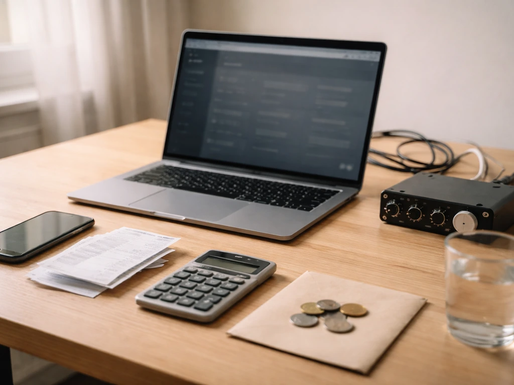 Minimal studio desk scene with a laptop and scattered receipts suggesting streaming income deductions.