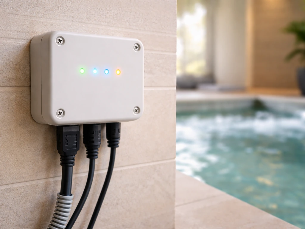 Weatherproof spa backup device with cables, mounted near a clean indoor pool with softly blurred water.