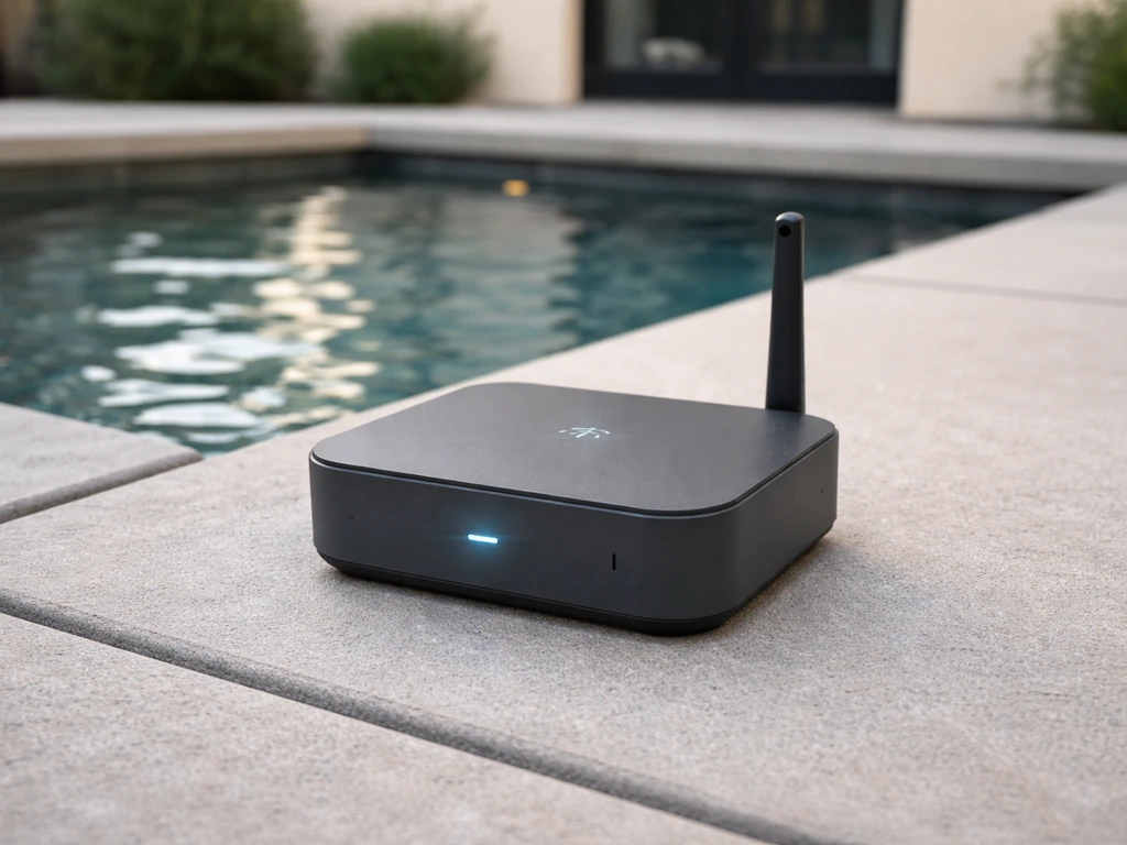Internet-connected spa backup device on a patio beside a small spa, with a glowing status light.