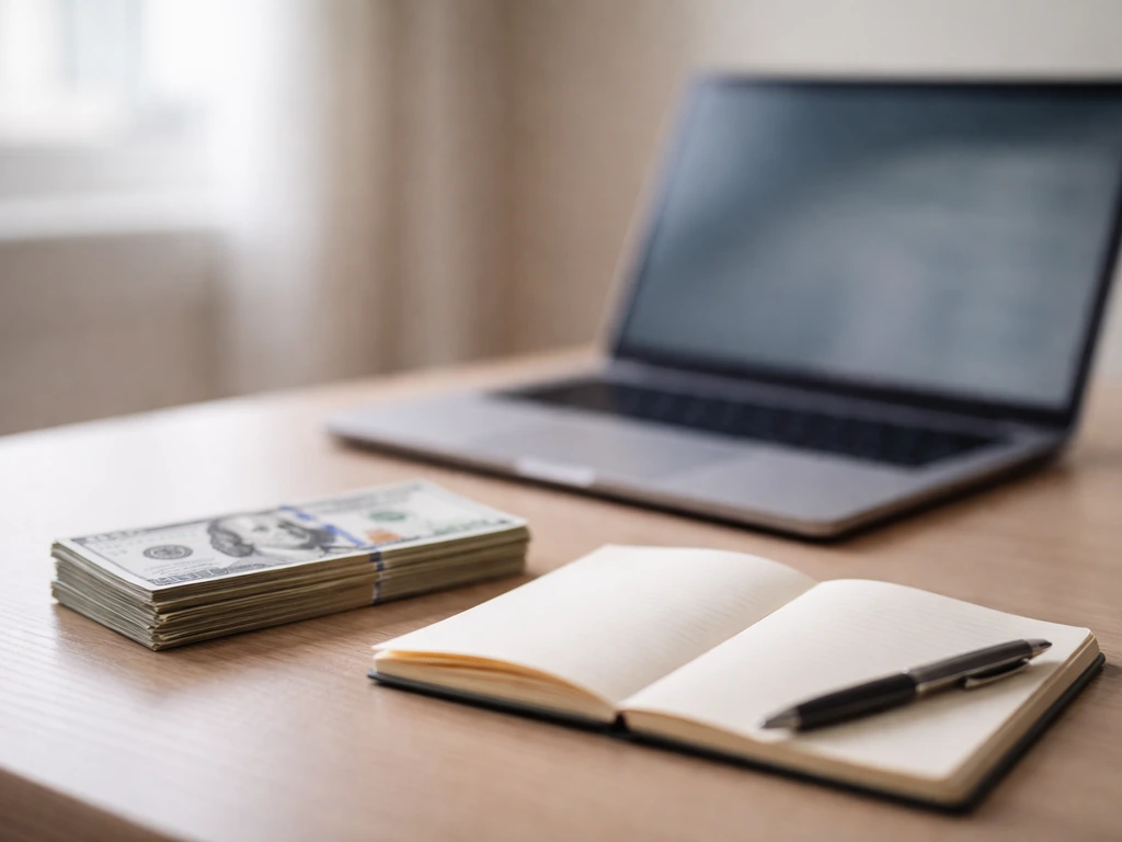 Minimal desk scene with a closed laptop, cash and a notebook suggesting an estimated private-company net worth range.