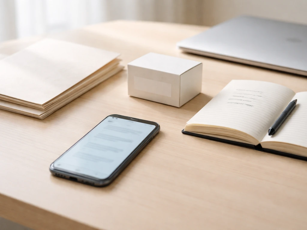 Minimal desk scene with phone showing blank search results glow and corroborating documents for verification.