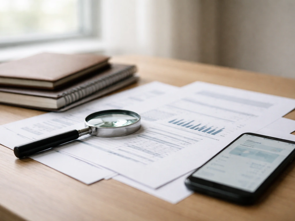 Magnifying glass over financial documents beside a blurred phone screen in a bright office desk scene.