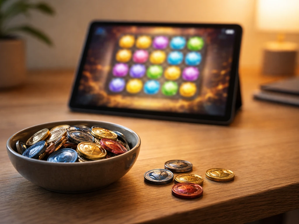 Metal tokens and chips beside a softly lit tablet glow suggesting contest entry pool and rake mechanics.