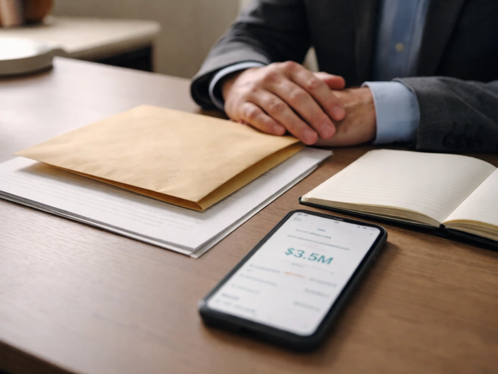 Minimal desk scene with a sealed envelope, smartphone showing investment deal dates, and a small notebook