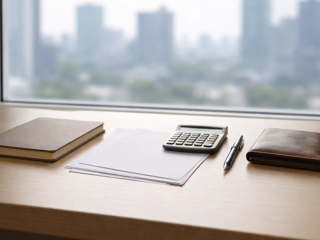 Minimal office desk with scattered documents and a calculator, suggesting a private-company net worth framework