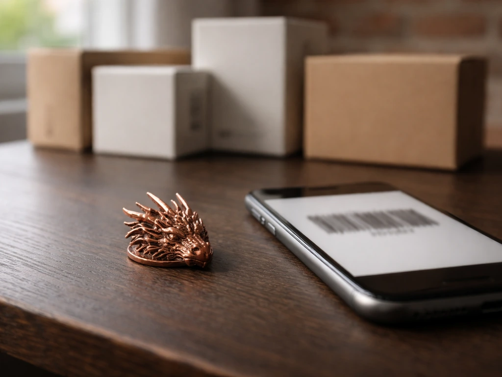 Minimal scene of a dragon-shaped token beside a smartphone scanning a barcode in a UK-style trade-in setting