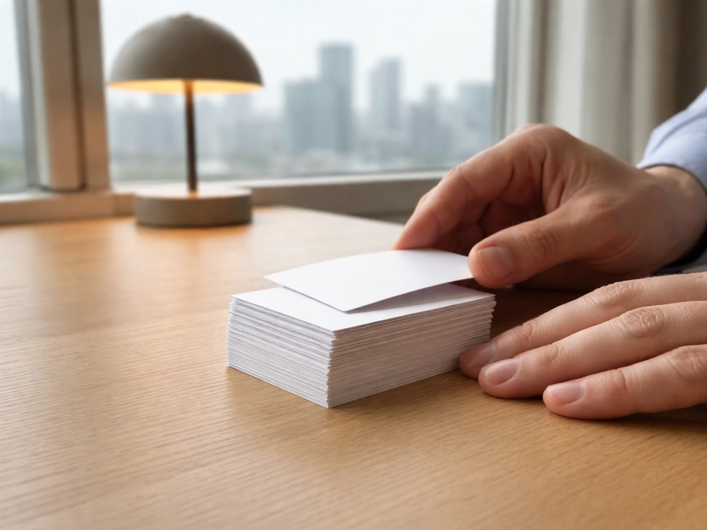 Hand arranging stacked cards symbolizing assembled business valuation signals on a desk