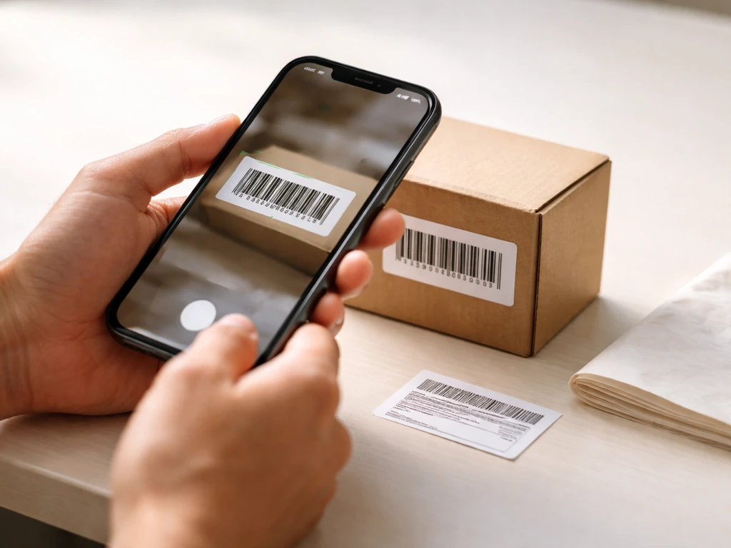 Close-up of hands using a smartphone to scan a barcode on a phone near a small shipping box.