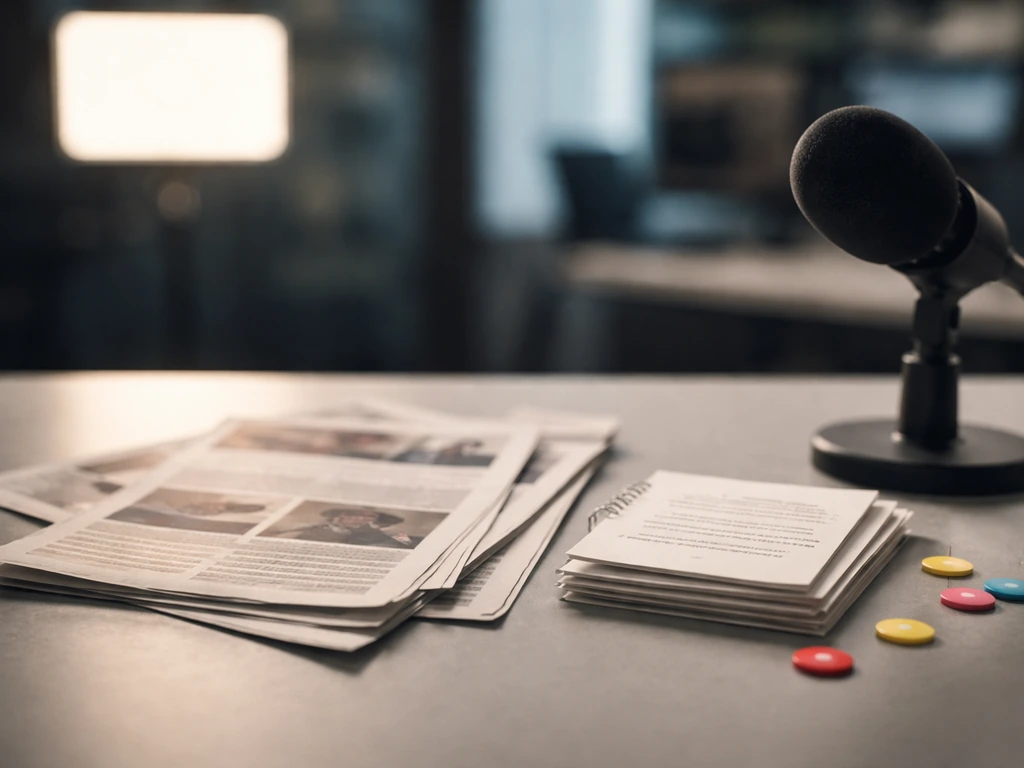 Minimal media exposure scene with UK-style press clippings, a TV studio light, and social buzz icons
