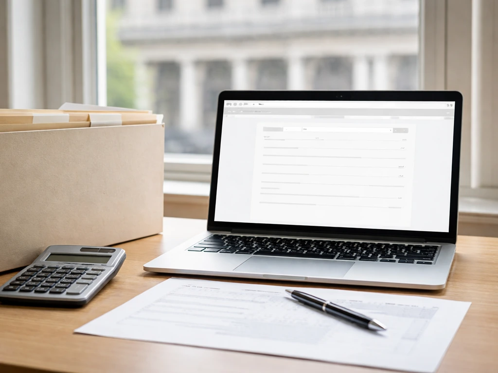 Close-up of a laptop showing a generic UK corporate search page concept, beside documents and a calculator.