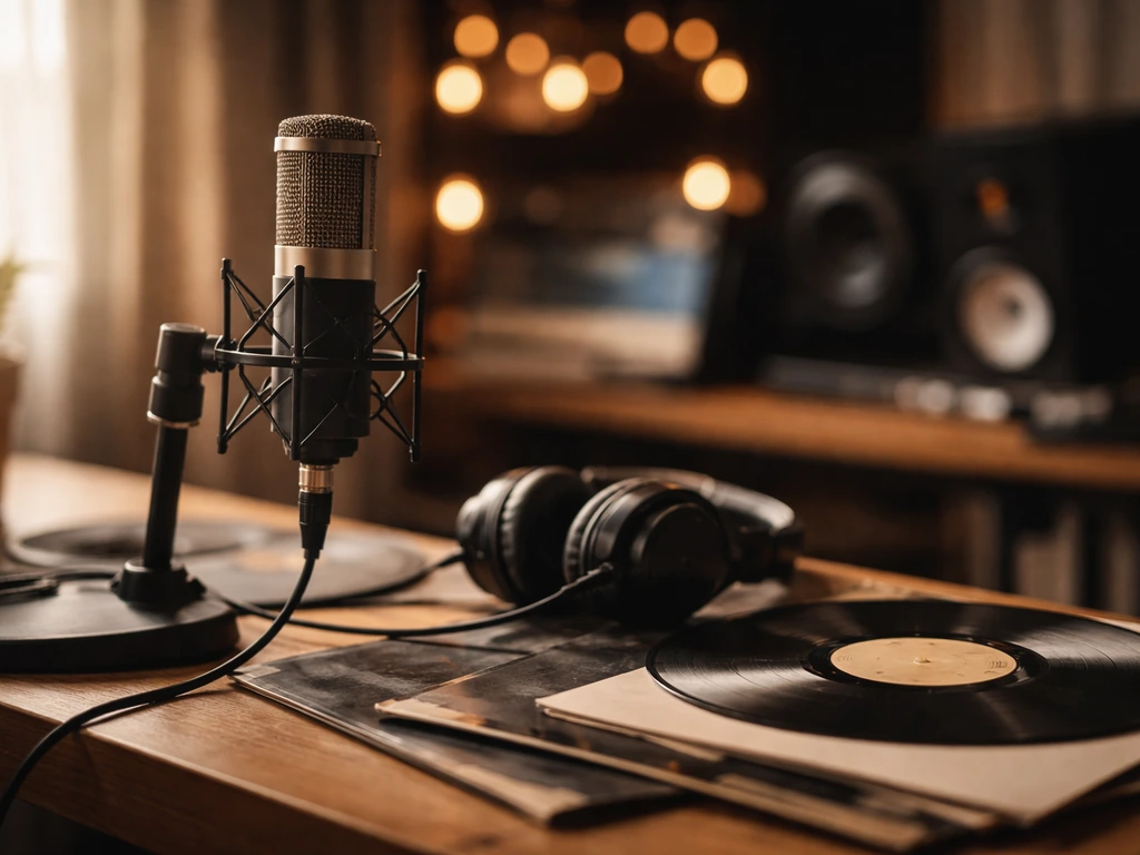 Music producer studio scene symbolizing identity and net worth context, with microphone and vinyl records.