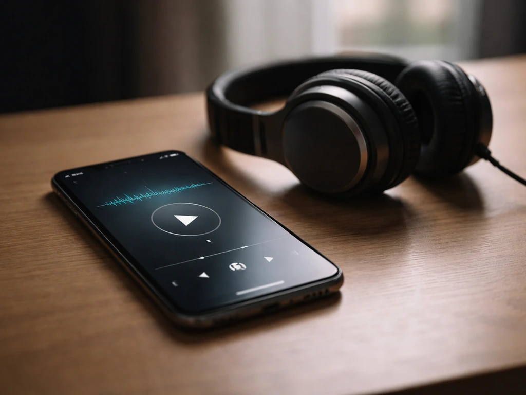 Minimal closeup of a smartphone playing music with a glowing streaming interface in the background.