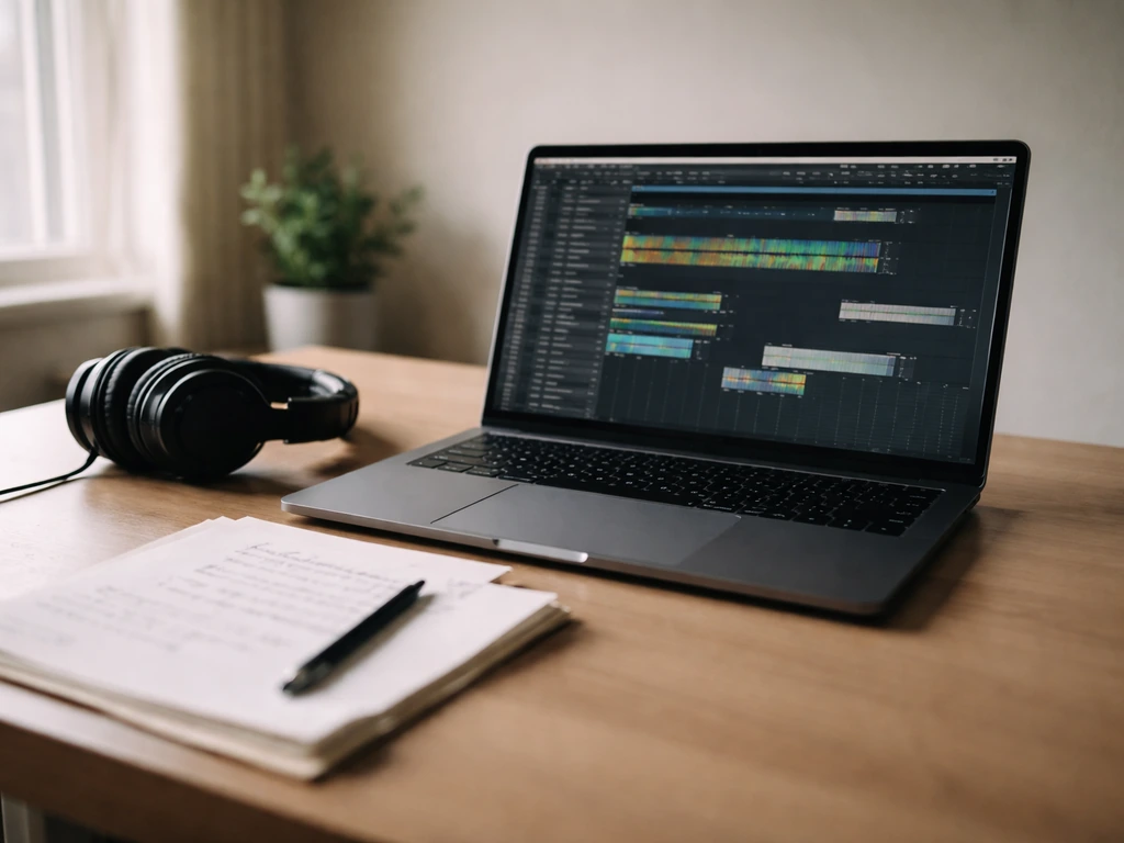 Minimal music production setup: studio laptop with DAW session window and notes on a desk