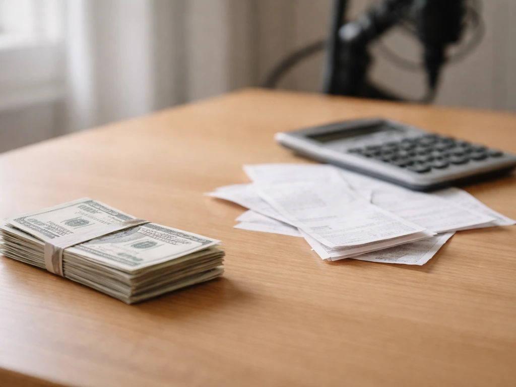 Minimal office desk with scattered receipts and a calculator beside a small stack of cash, suggesting net vs gross deduc