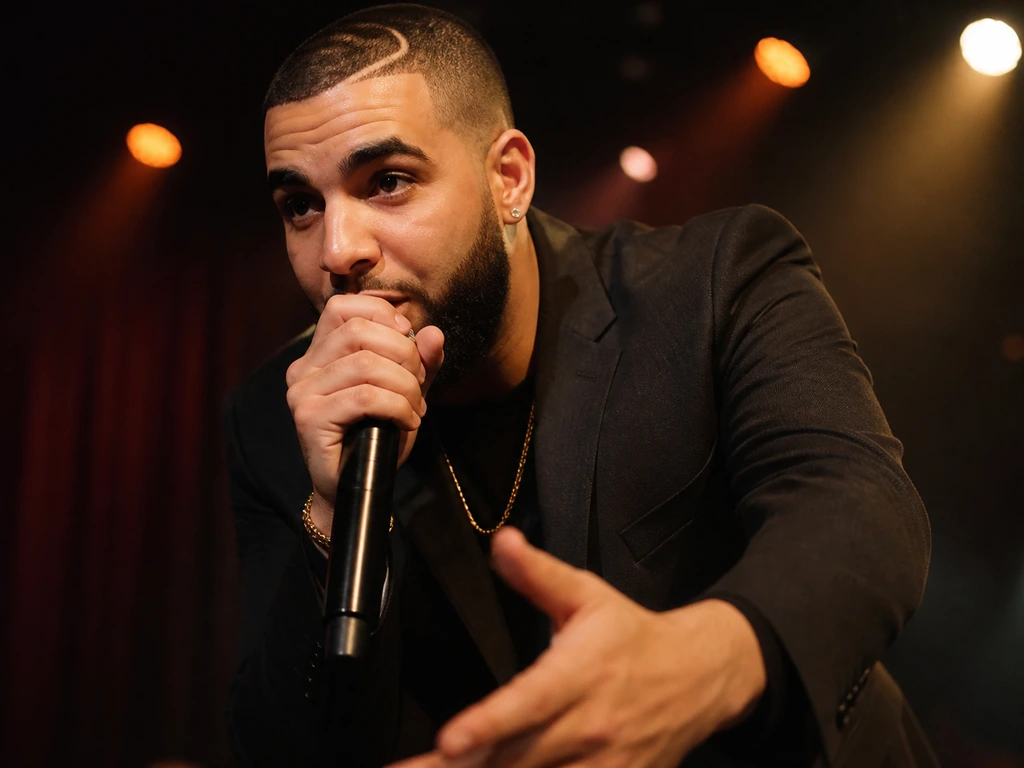 Anonymous Drake-style impersonator performing on a small club stage under warm lights with a microphone.