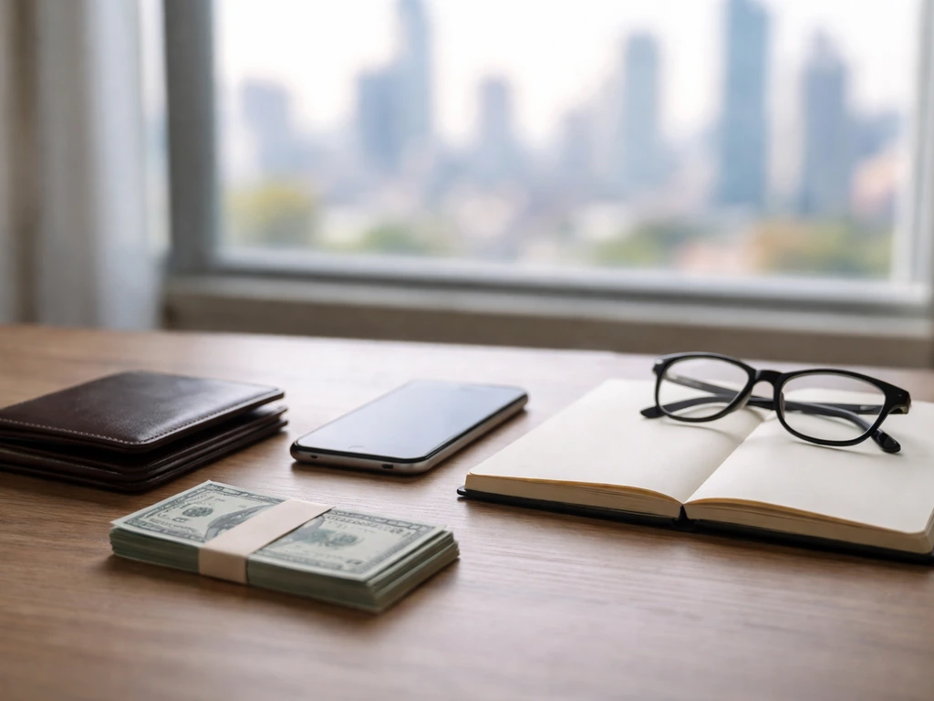 Minimal desk scene with wallet, cash, and phone symbolizing net worth scenarios and what’s included/excluded.